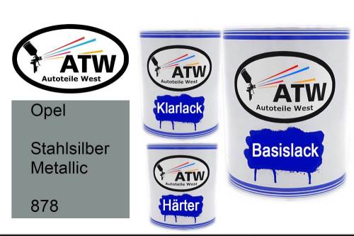 Opel, Stahlsilber Metallic, 878: 1L Lackdose + 1L Klarlack + 500ml Härter - Set, von ATW Autoteile West.